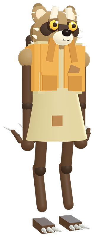 All Powers, a tall raccoon-headed hero with long claws and an orange vest.