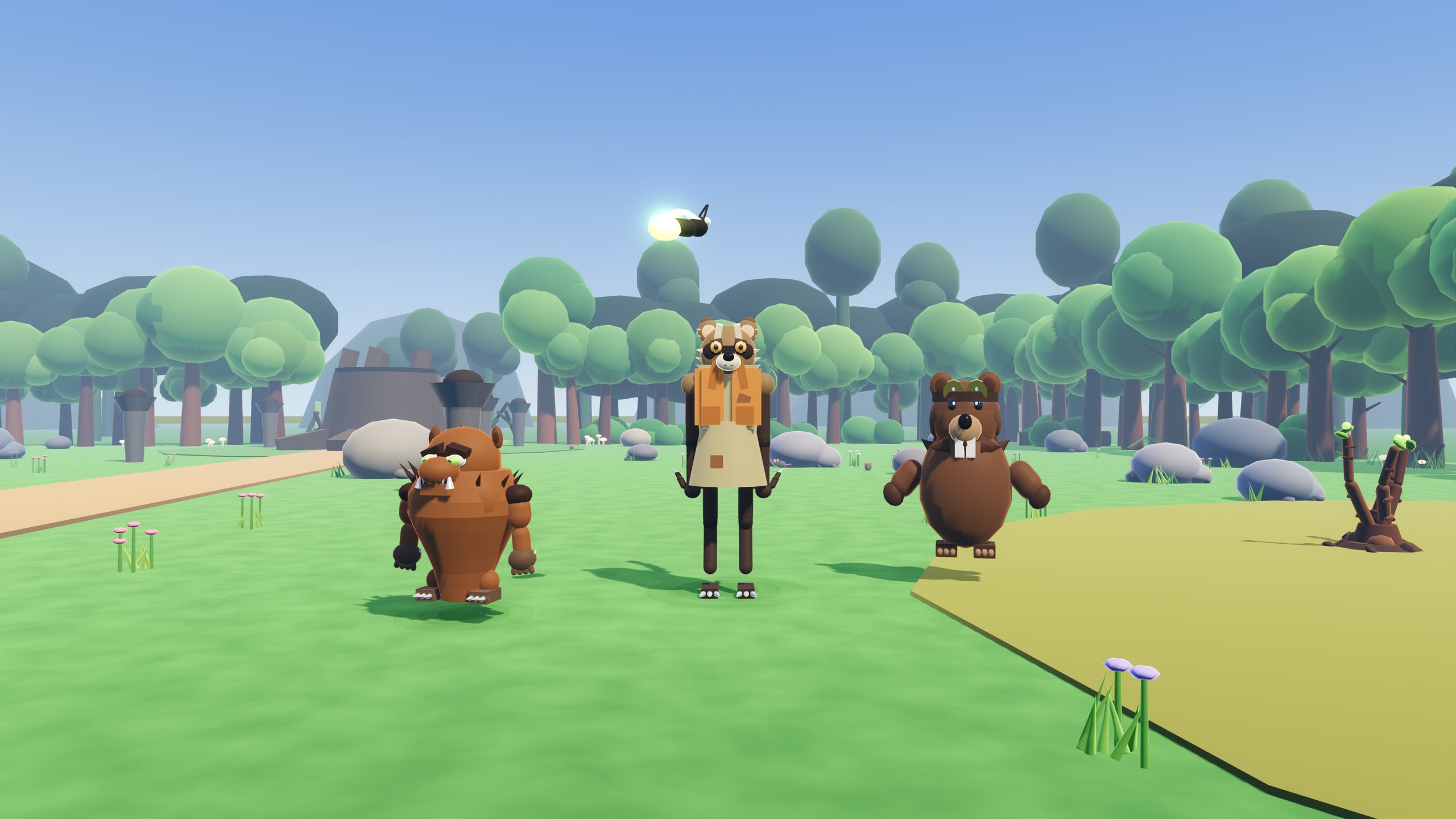 Bippity the goblin, All Powers the raccoon-man and Buckteria standing together in a sunny field ringed by trees.