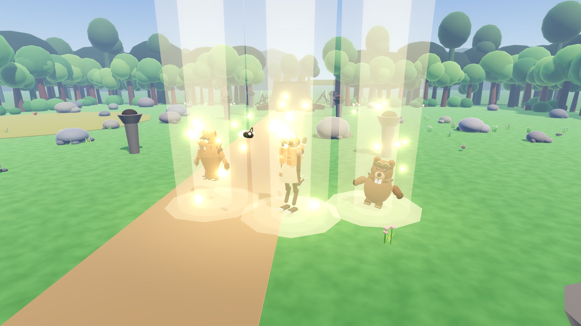 Three columns of warm light shining down on the three heroes as they dance.