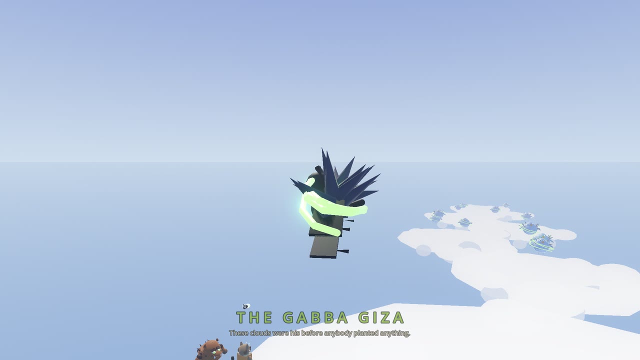 Above the clouds, the Gabba Giza screeches and swoops while All Powers lobs acorns up at him.