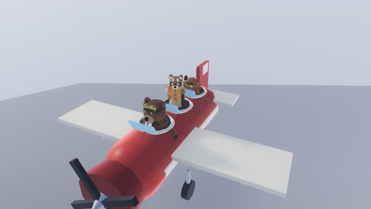 Buckteria flies his little red plane with All Powers and Bippity sitting in the open cockpits behind him.