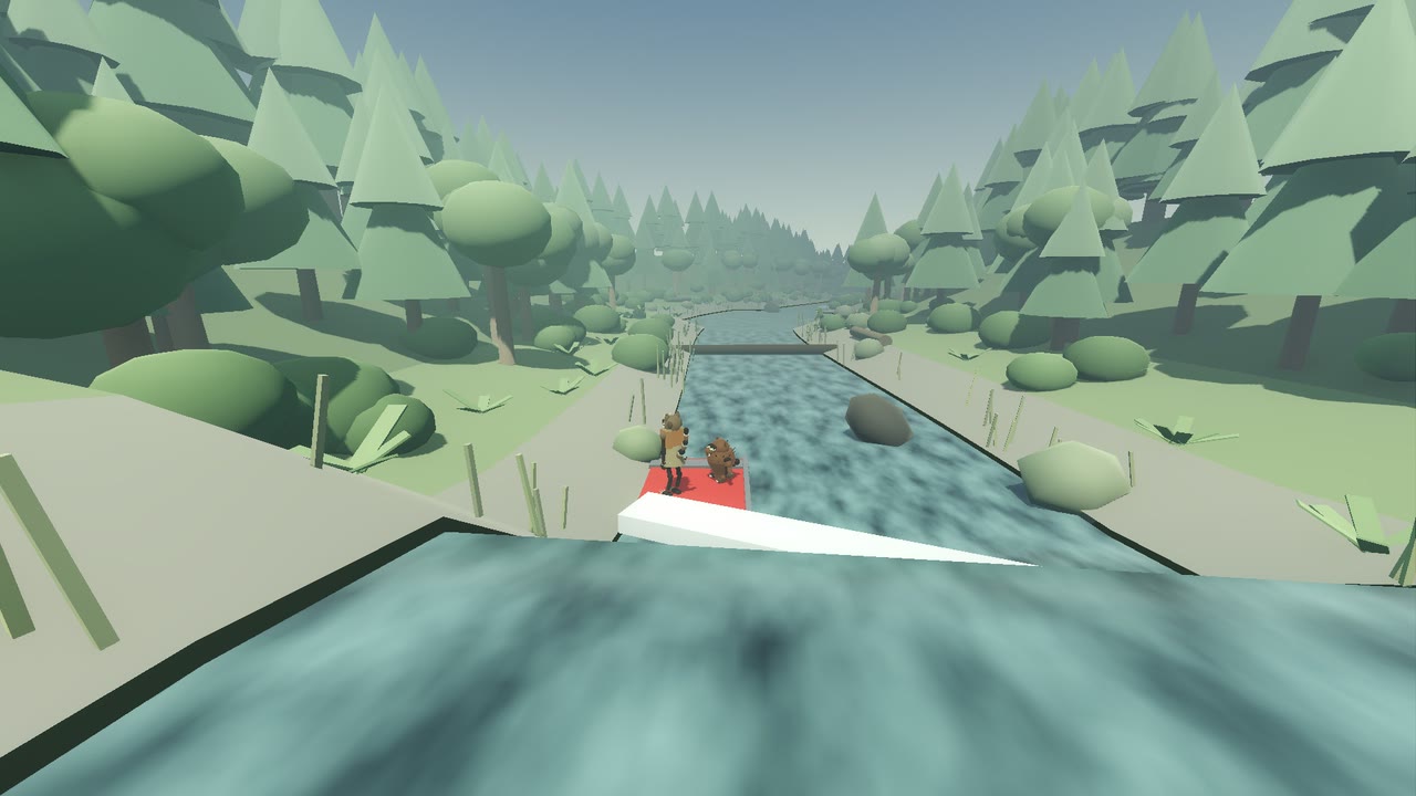 All Powers and Bippity ride a broken plane wing down the rapids, weaving past rocks and fallen logs.