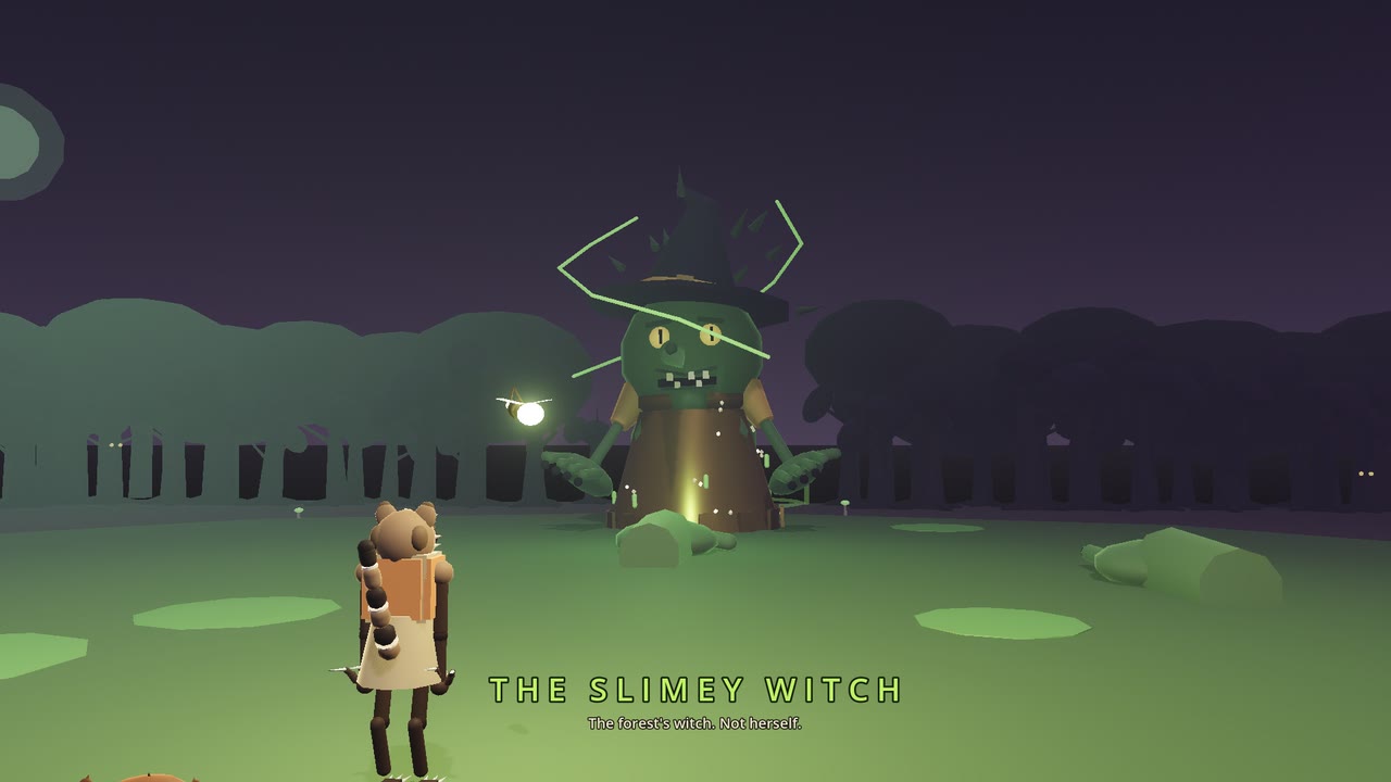 In the Extremely Spooky Forest the Slimey Witch rises from the slime and giant hands burst up to clap at the party.